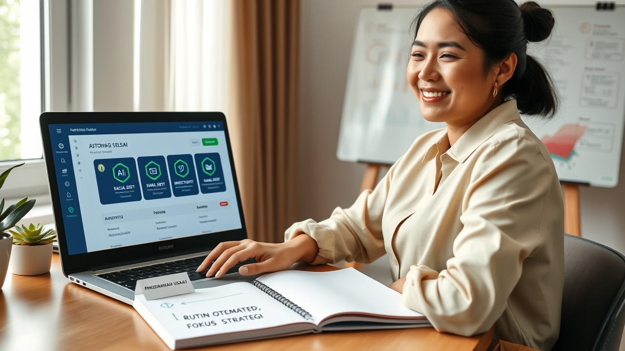 A calm, focused Indonesian small business owner in her early 30s, with a relaxed, relieved smile and a modern, practical appearance—wearing a comfortable but professional cream blouse with rolled-up sleeves, her hair neatly tied back—sitting at a clean wooden desk in a bright, sunlit home office. Her right hand is gently placed on a laptop, showing an AI dashboard with green "AUTOMASI SELESAI" (Automation Complete) badges, while her left hand rests on a notebook with handwritten notes about "PENGEMBANGAN USAHA" (Business Development)—visually representing the freedom AI gives her to focus on growth rather than routine tasks. On the laptop screen, visible automation indicators appear: a "SOCIAL MEDIA POSTED" confirmation, an "EMAIL SENT" notification, and an "INVENTORY UPDATED" alert, all with green checkmarks. A small sticky note on the laptop reads "RUTIN OTOMATIS, FOKUS STRATEGI" (Routine Automated, Focus on Strategy). Behind her, a large whiteboard shows her business expansion plans—new market areas, product development ideas, and partnership opportunities, with the words "STRATEGI 2026" prominently written. A smartphone beside the laptop displays a WhatsApp Business chat with the simple message "Semua otomatis, sekarang saya bisa fokus ekspansi!" (Everything's automated, now I can focus on expansion!). The background reveals a warm, organized workspace with natural light streaming through a window, a small plant, and a subtle Indonesian flag motif. Cinematic, warm editorial lighting: soft, diffused natural window light from the left, creating a calm, productive atmosphere with a gentle golden warmth that signals "freedom and growth." Shot on a 50mm prime lens at f/2.8, shallow depth of field keeping the entrepreneur's relaxed face, the laptop screen with automation confirmations, and the strategic whiteboard in sharp focus, while the background melts into a beautiful bokeh. Warm, inviting color palette dominated by soft creams, warm wood tones, and gentle greens