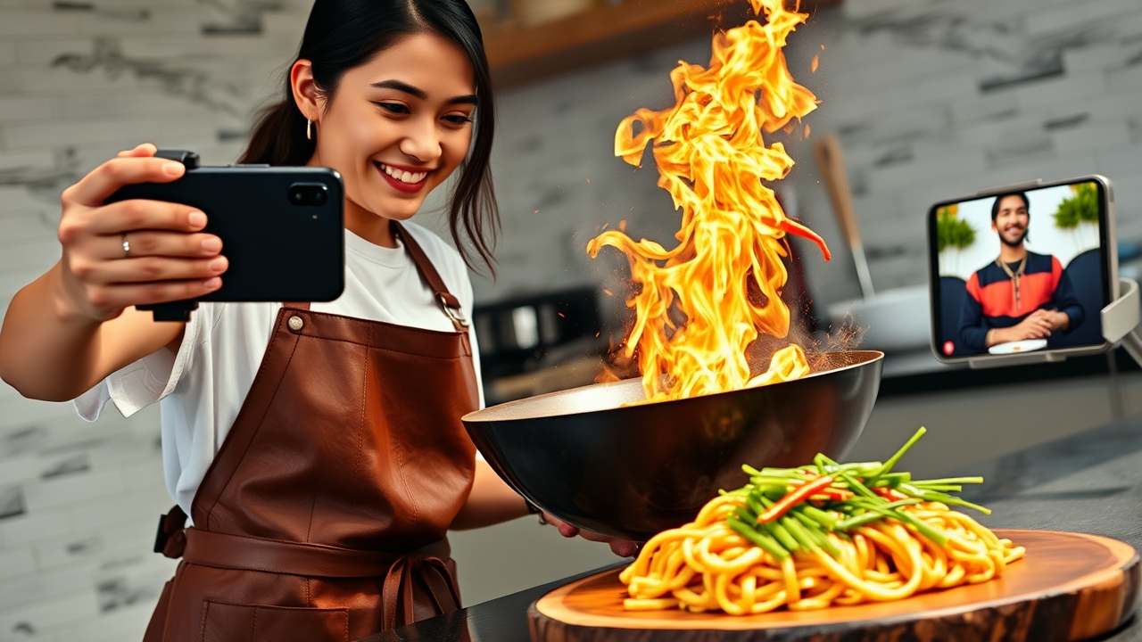 A vibrant, stylish Indonesian female culinary content creator in her mid-to-late 20s, with a fresh, relatable face and a cheerful, concentrated expression, wearing a trendy oversized vintage band t-shirt layered over a simple white tee, paired with a clean, high-quality brown leather apron. She is actively filming a cooking Reel using a modern smartphone mounted on a compact handheld gimbal stabilizer, extending the phone directly over a large, sizzling cast-iron wok that erupts with dramatic, glowing orange sparks, aromatic steam, and flying chili slices frozen in mid-air motion—capturing the exact "money shot" of the cooking process for her followers. In her other hand, she gracefully sprinkles fresh green scallions and spices into the wok. A glossy, perfectly plated final version of the exact same dish sits beautifully on a rustic wooden board to her immediate right, ready for the "reveal" shot. Behind her, slightly out of focus but strategically visible, a dedicated smartphone stand holds a second device displaying a live stream of a previous viral video with a flood of heart emojis, comments, and a screenshot of a glowing 5-star customer testimonial in Indonesian, emphasizing the "social proof" loop. The background is a bright, modern, minimalist kitchen studio with concrete walls, hanging copper pots, and open shelves stocked with spices, softly illuminated by warm sunset-colored LED strip lights (trending TikTok ambience) blending harmoniously with bright, crisp overhead food-prep lighting. Cinematic documentary lighting: dramatic, high-contrast side light from the kitchen window hitting the steam and smoke to create volumetric rays, combined with the cool-blue backlight of the smartphone screen rim-lighting her face, delivering a perfect balance between "culinary art" and "digital content creation." Shot on a 24-70mm zoom lens at 35mm, f/2.8, with a fast shutter speed capturing the micro-details of the flying spices and steam textures, while keeping the subj