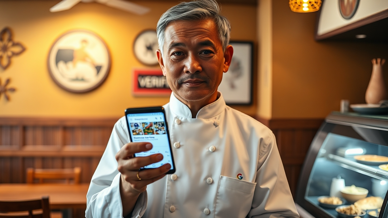 A warm, focused Indonesian restaurant owner in his late 40s, with short graying hair, kind eyes, and a clean, starched white chef's coat with a small embroidered logo, standing confidently at the wooden service counter of his cozy, tastefully decorated Padang-style eatery. He holds a bright, glowing smartphone in both hands, tilted toward the camera, the screen clearly displaying a fully completed, highly optimized Google My Business (Google Maps) profile—featuring the complete business address, precise operating hours, visible phone number, and a crisp grid of signature menu food photos, all prominently anchored by a shiny green "Verified" badge and a glowing set of five golden stars. The background reveals his actual physical restaurant—warm teak wood tables, traditional Minangkabau decorative motifs on the wall, and a glass display case filled with steam rising from fresh side dishes—deliberately softly blurred to ensure the smartphone screen remains the undisputed focal point. Dramatic, realistic dual lighting: cool, crisp blue-white light from the smartphone screen casting a sharp edge rim-light on his hands and face (signaling "digital modernity"), beautifully mingling with rich, appetizing golden amber ambient light from traditional pendant lamps hanging above the counter (signaling "culinary authenticity"), creating a sophisticated high-contrast editorial aesthetic. Shot on a 50mm prime lens at f/4.0, medium depth of field keeping the phone screen, the "Verified" badge, and the five-star ratings tack-sharp, while softening the background enough to establish context without distraction. Dynamic diagonal composition with the smartphone placed precisely on the lower-left third, his hands framing it elegantly, leading the viewer's gaze directly upward to his satisfied, trustworthy smile. Warm, appetizing color palette dominated by amber, deep mahogany, and rich teak, contrasted sharply with the cool, authoritative tech-blue of the Google Maps interface. Editoria