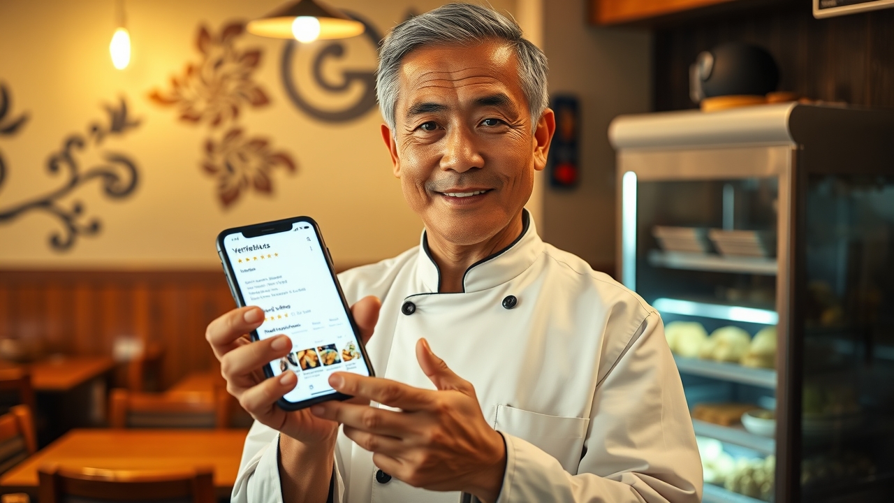 A warm, focused Indonesian restaurant owner in his late 40s, with short graying hair, kind eyes, and a clean, starched white chef's coat with a small embroidered logo, standing confidently at the wooden service counter of his cozy, tastefully decorated Padang-style eatery. He holds a bright, glowing smartphone in both hands, tilted toward the camera, the screen clearly displaying a fully completed, highly optimized Google My Business (Google Maps) profile—featuring the complete business address, precise operating hours, visible phone number, and a crisp grid of signature menu food photos, all prominently anchored by a shiny green "Verified" badge and a glowing set of five golden stars. The background reveals his actual physical restaurant—warm teak wood tables, traditional Minangkabau decorative motifs on the wall, and a glass display case filled with steam rising from fresh side dishes—deliberately softly blurred to ensure the smartphone screen remains the undisputed focal point. Dramatic, realistic dual lighting: cool, crisp blue-white light from the smartphone screen casting a sharp edge rim-light on his hands and face (signaling "digital modernity"), beautifully mingling with rich, appetizing golden amber ambient light from traditional pendant lamps hanging above the counter (signaling "culinary authenticity"), creating a sophisticated high-contrast editorial aesthetic. Shot on a 50mm prime lens at f/4.0, medium depth of field keeping the phone screen, the "Verified" badge, and the five-star ratings tack-sharp, while softening the background enough to establish context without distraction. Dynamic diagonal composition with the smartphone placed precisely on the lower-left third, his hands framing it elegantly, leading the viewer's gaze directly upward to his satisfied, trustworthy smile. Warm, appetizing color palette dominated by amber, deep mahogany, and rich teak, contrasted sharply with the cool, authoritative tech-blue of the Google Maps interface. Editoria