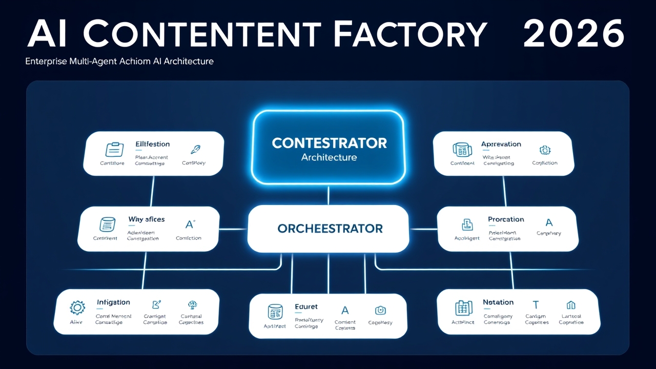 AI Content Factory 2026 – Enterprise Multi-Agent Architecture Diagram

Create an ultra-premium enterprise architecture infographic for an AI-powered Content Factory platform. The design must look like it was created by Microsoft Azure, AWS Architecture Center, Gartner, McKinsey, or Figma enterprise designers.

Style

- Modern enterprise architecture
- Dark navy gradient background (#071426 → #0F2747)
- Glassmorphism panels
- Cyan and electric blue glowing connection lines
- White typography
- Rounded cards with soft shadows
- Minimalist icons
- Thin neon connectors
- Premium presentation slide
- Corporate executive dashboard
- Futuristic AI platform
- High readability
- Professional PowerPoint style
- 16:9 landscape
- 4K resolution
- No watermark
- No people
- No photos
- Flat isometric enterprise illustration
- Symmetrical layout
- Clean spacing
- Premium infographic quality

---

TITLE

AI CONTENT FACTORY

Subtitle

Enterprise Multi-Agent AI Architecture

---

TOP LAYER

Large glowing card centered

ORCHESTRATOR

Inside the card show

• Workflow Engine

• Agent Controller

• Scheduler

• Queue Manager

• Retry Engine

• Priority Manager

• Monitoring

Below it place

Pipeline Controller

---

SECOND LAYER

Create ten equally sized glass cards aligned horizontally.

Each card has an icon, title and small subtitle.

Research Agent

Icon:
Magnifier

Subtitle:
Knowledge Discovery

---

Keyword Agent

Icon:
SEO

Subtitle:
Keyword Intelligence

---

Outline Agent

Icon:
Flow Diagram

Subtitle:
Content Planning

---

Writer Agent

Icon:
Document

Subtitle:
AI Content Generation

---

SEO Agent

Icon:
Search

Subtitle:
Optimization

---

Humanizer Agent

Icon:
Magic Wand

Subtitle:
Natural Language Improvement

---

Fact Checker Agent

Icon:
Shield Check

Subtitle:
Content Validation

---

Quality Assurance Agent

Icon:
Clipboard Check

Subtitle:
Grammar • Readability • Quality Score

---

Image Prompt Agent

Icon:
Image

Subtitle:
Thumbnail Prompt Builder

---

Publisher
