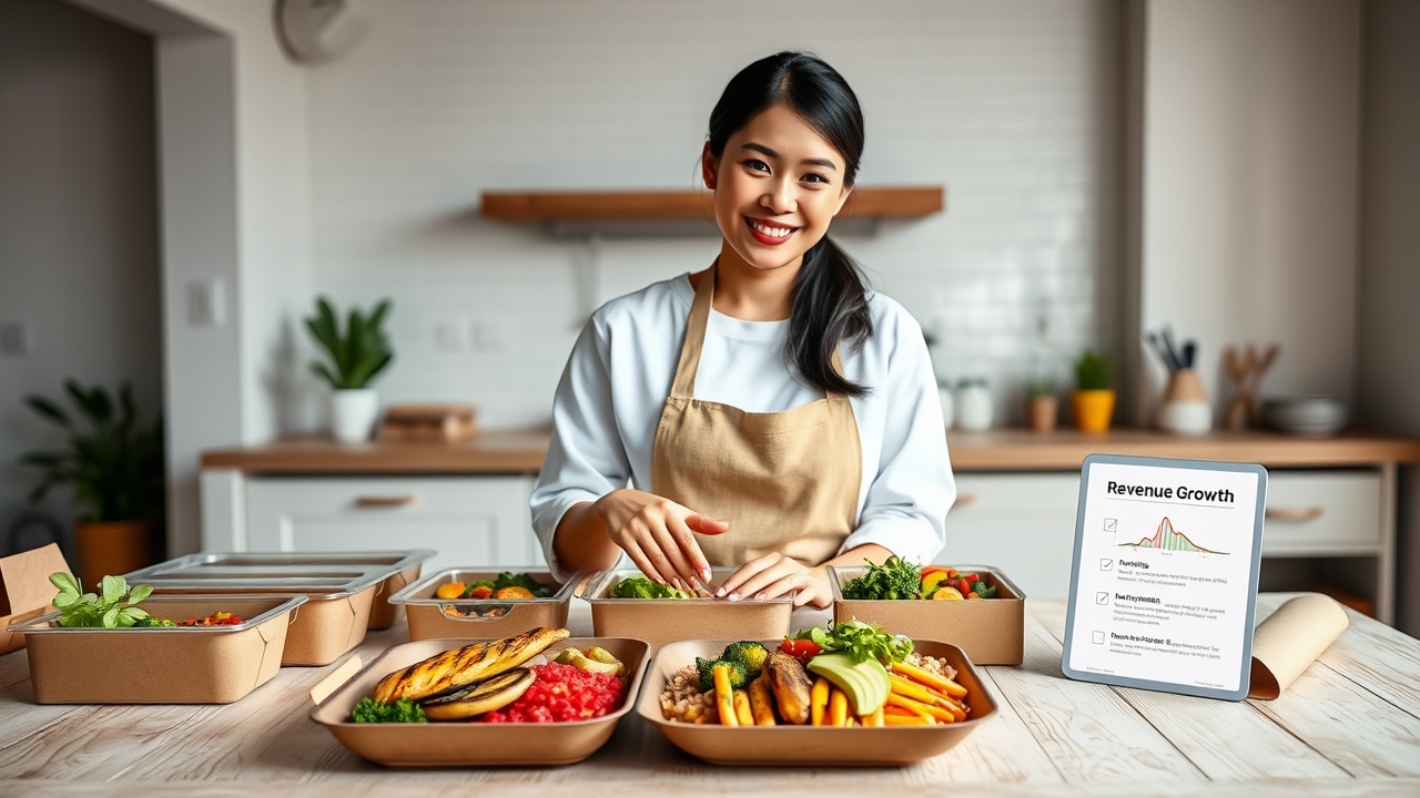 A radiant, focused Indonesian female culinary entrepreneur in her mid-30s, with glowing skin, sleek dark hair pulled back in a crisp, professional low ponytail, and a warm, trustworthy smile, wearing a pristine white chef's coat styled with a modern, minimalist beige linen apron over a simple white tee. She stands with composed confidence behind a large, rustic white-washed wooden table in a bright, airy, modern Jakarta studio kitchen, meticulously arranging a vibrant, colorful array of healthy meal-prep containers (eco-friendly kraft brown boxes with clear lids) and stunningly plated signature dishes—featuring perfectly grilled lemongrass chicken breast, a generous scoop of red rice infused with bay leaves, a vibrant rainbow of steamed broccoli, carrots, and yellow bell peppers, topped with a delicate drizzle of creamy avocado dressing and fresh microgreens. Her right hand gracefully points to a sleek, glowing tablet lying on the table, which clearly displays a promising "Revenue Growth" graph and a clean, professional business plan checklist, symbolizing the "strategi jitu" (winning strategy). In the foreground, the table is tastefully strewn with fresh, organic raw ingredients—heirloom tomatoes, crisp romaine lettuce, whole grain bread, and a rustic basket of free-range eggs—establishing immediate "freshness" and "health" credentials. The background is a sun-drenched, minimalist industrial-chic kitchen with white subway tiles, open wooden shelves showcasing glass jars filled with quinoa, chia seeds, and spices, and soft morning sunlight pouring through large factory-style windows, creating a holographic, clean glow. Cinematic, high-key editorial lighting: bright, diffused natural window light as the primary key from the left, softly reflecting off the white surfaces to eliminate harsh shadows, combined with a subtle, warm golden fill light from the right to add a premium, aspirational warmth, ensuring the food textures look incredibly appetizing and the packaging
