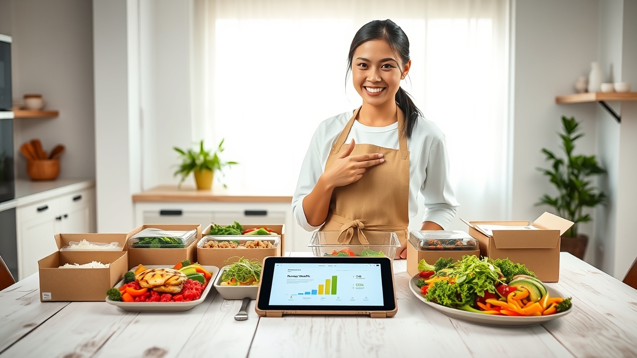 A radiant, focused Indonesian female culinary entrepreneur in her mid-30s, with glowing skin, sleek dark hair pulled back in a crisp, professional low ponytail, and a warm, trustworthy smile, wearing a pristine white chef's coat styled with a modern, minimalist beige linen apron over a simple white tee. She stands with composed confidence behind a large, rustic white-washed wooden table in a bright, airy, modern Jakarta studio kitchen, meticulously arranging a vibrant, colorful array of healthy meal-prep containers (eco-friendly kraft brown boxes with clear lids) and stunningly plated signature dishes—featuring perfectly grilled lemongrass chicken breast, a generous scoop of red rice infused with bay leaves, a vibrant rainbow of steamed broccoli, carrots, and yellow bell peppers, topped with a delicate drizzle of creamy avocado dressing and fresh microgreens. Her right hand gracefully points to a sleek, glowing tablet lying on the table, which clearly displays a promising "Revenue Growth" graph and a clean, professional business plan checklist, symbolizing the "strategi jitu" (winning strategy). In the foreground, the table is tastefully strewn with fresh, organic raw ingredients—heirloom tomatoes, crisp romaine lettuce, whole grain bread, and a rustic basket of free-range eggs—establishing immediate "freshness" and "health" credentials. The background is a sun-drenched, minimalist industrial-chic kitchen with white subway tiles, open wooden shelves showcasing glass jars filled with quinoa, chia seeds, and spices, and soft morning sunlight pouring through large factory-style windows, creating a holographic, clean glow. Cinematic, high-key editorial lighting: bright, diffused natural window light as the primary key from the left, softly reflecting off the white surfaces to eliminate harsh shadows, combined with a subtle, warm golden fill light from the right to add a premium, aspirational warmth, ensuring the food textures look incredibly appetizing and the packaging