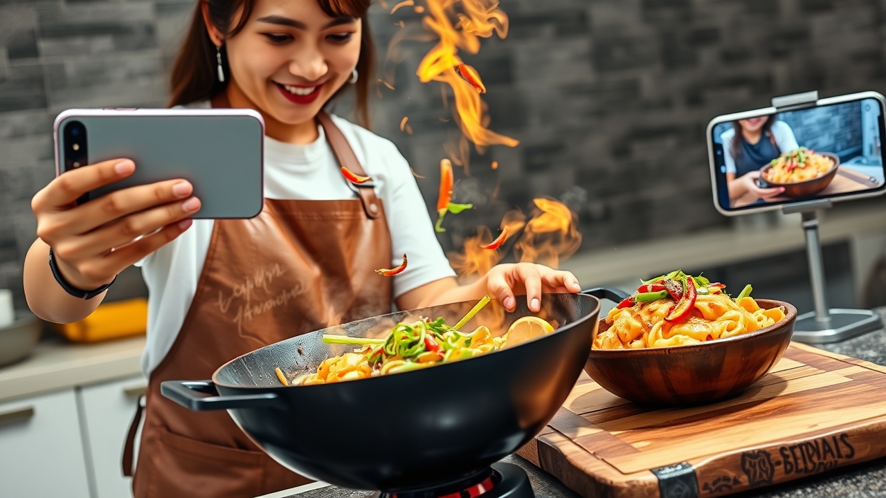 A vibrant, stylish Indonesian female culinary content creator in her mid-to-late 20s, with a fresh, relatable face and a cheerful, concentrated expression, wearing a trendy oversized vintage band t-shirt layered over a simple white tee, paired with a clean, high-quality brown leather apron. She is actively filming a cooking Reel using a modern smartphone mounted on a compact handheld gimbal stabilizer, extending the phone directly over a large, sizzling cast-iron wok that erupts with dramatic, glowing orange sparks, aromatic steam, and flying chili slices frozen in mid-air motion—capturing the exact "money shot" of the cooking process for her followers. In her other hand, she gracefully sprinkles fresh green scallions and spices into the wok. A glossy, perfectly plated final version of the exact same dish sits beautifully on a rustic wooden board to her immediate right, ready for the "reveal" shot. Behind her, slightly out of focus but strategically visible, a dedicated smartphone stand holds a second device displaying a live stream of a previous viral video with a flood of heart emojis, comments, and a screenshot of a glowing 5-star customer testimonial in Indonesian, emphasizing the "social proof" loop. The background is a bright, modern, minimalist kitchen studio with concrete walls, hanging copper pots, and open shelves stocked with spices, softly illuminated by warm sunset-colored LED strip lights (trending TikTok ambience) blending harmoniously with bright, crisp overhead food-prep lighting. Cinematic documentary lighting: dramatic, high-contrast side light from the kitchen window hitting the steam and smoke to create volumetric rays, combined with the cool-blue backlight of the smartphone screen rim-lighting her face, delivering a perfect balance between "culinary art" and "digital content creation." Shot on a 24-70mm zoom lens at 35mm, f/2.8, with a fast shutter speed capturing the micro-details of the flying spices and steam textures, while keeping the subj