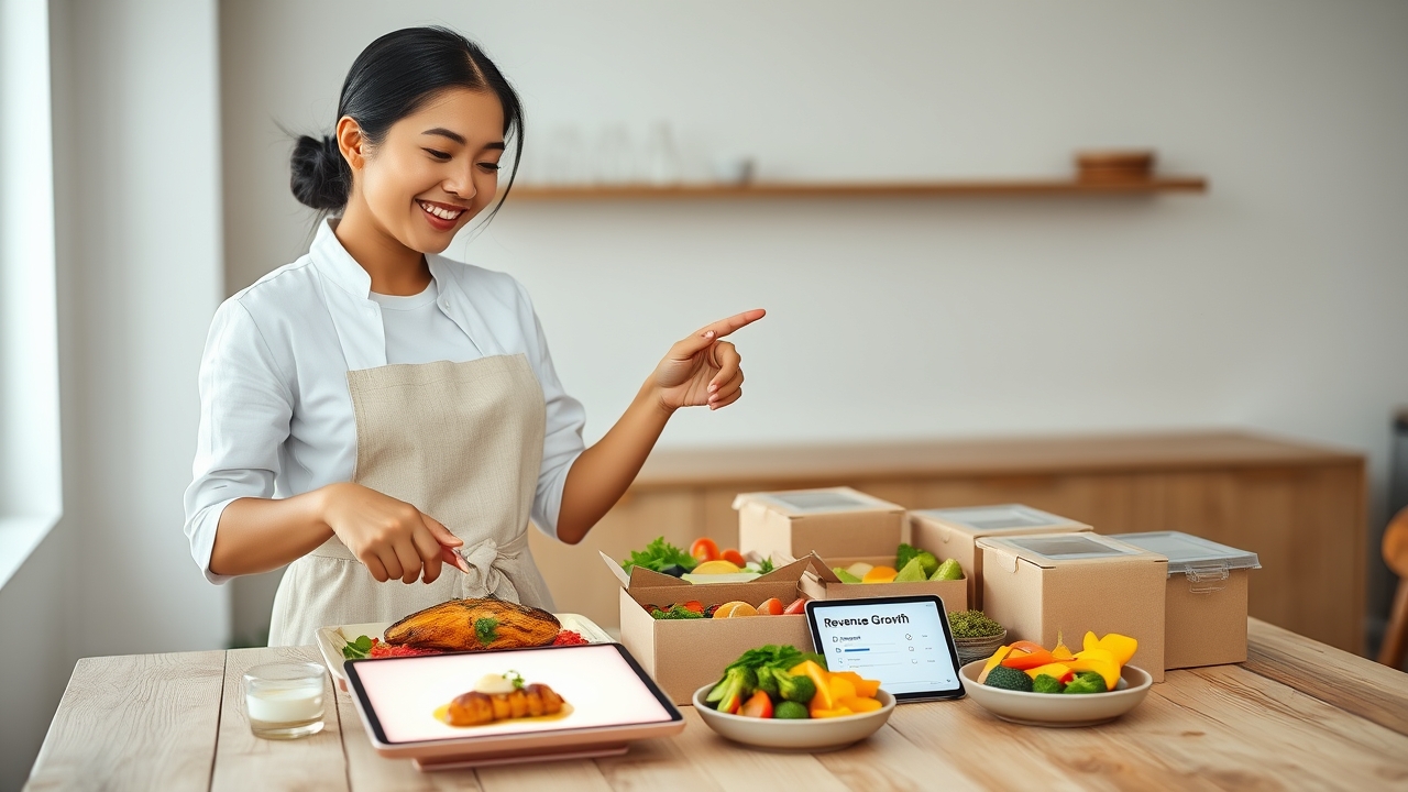 A radiant, focused Indonesian female culinary entrepreneur in her mid-30s, with glowing skin, sleek dark hair pulled back in a crisp, professional low ponytail, and a warm, trustworthy smile, wearing a pristine white chef's coat styled with a modern, minimalist beige linen apron over a simple white tee. She stands with composed confidence behind a large, rustic white-washed wooden table in a bright, airy, modern Jakarta studio kitchen, meticulously arranging a vibrant, colorful array of healthy meal-prep containers (eco-friendly kraft brown boxes with clear lids) and stunningly plated signature dishes—featuring perfectly grilled lemongrass chicken breast, a generous scoop of red rice infused with bay leaves, a vibrant rainbow of steamed broccoli, carrots, and yellow bell peppers, topped with a delicate drizzle of creamy avocado dressing and fresh microgreens. Her right hand gracefully points to a sleek, glowing tablet lying on the table, which clearly displays a promising "Revenue Growth" graph and a clean, professional business plan checklist, symbolizing the "strategi jitu" (winning strategy). In the foreground, the table is tastefully strewn with fresh, organic raw ingredients—heirloom tomatoes, crisp romaine lettuce, whole grain bread, and a rustic basket of free-range eggs—establishing immediate "freshness" and "health" credentials. The background is a sun-drenched, minimalist industrial-chic kitchen with white subway tiles, open wooden shelves showcasing glass jars filled with quinoa, chia seeds, and spices, and soft morning sunlight pouring through large factory-style windows, creating a holographic, clean glow. Cinematic, high-key editorial lighting: bright, diffused natural window light as the primary key from the left, softly reflecting off the white surfaces to eliminate harsh shadows, combined with a subtle, warm golden fill light from the right to add a premium, aspirational warmth, ensuring the food textures look incredibly appetizing and the packaging