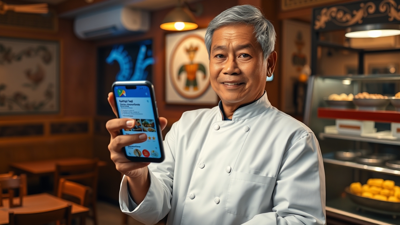 A warm, focused Indonesian restaurant owner in his late 40s, with short graying hair, kind eyes, and a clean, starched white chef's coat with a small embroidered logo, standing confidently at the wooden service counter of his cozy, tastefully decorated Padang-style eatery. He holds a bright, glowing smartphone in both hands, tilted toward the camera, the screen clearly displaying a fully completed, highly optimized Google My Business (Google Maps) profile—featuring the complete business address, precise operating hours, visible phone number, and a crisp grid of signature menu food photos, all prominently anchored by a shiny green "Verified" badge and a glowing set of five golden stars. The background reveals his actual physical restaurant—warm teak wood tables, traditional Minangkabau decorative motifs on the wall, and a glass display case filled with steam rising from fresh side dishes—deliberately softly blurred to ensure the smartphone screen remains the undisputed focal point. Dramatic, realistic dual lighting: cool, crisp blue-white light from the smartphone screen casting a sharp edge rim-light on his hands and face (signaling "digital modernity"), beautifully mingling with rich, appetizing golden amber ambient light from traditional pendant lamps hanging above the counter (signaling "culinary authenticity"), creating a sophisticated high-contrast editorial aesthetic. Shot on a 50mm prime lens at f/4.0, medium depth of field keeping the phone screen, the "Verified" badge, and the five-star ratings tack-sharp, while softening the background enough to establish context without distraction. Dynamic diagonal composition with the smartphone placed precisely on the lower-left third, his hands framing it elegantly, leading the viewer's gaze directly upward to his satisfied, trustworthy smile. Warm, appetizing color palette dominated by amber, deep mahogany, and rich teak, contrasted sharply with the cool, authoritative tech-blue of the Google Maps interface. Editoria