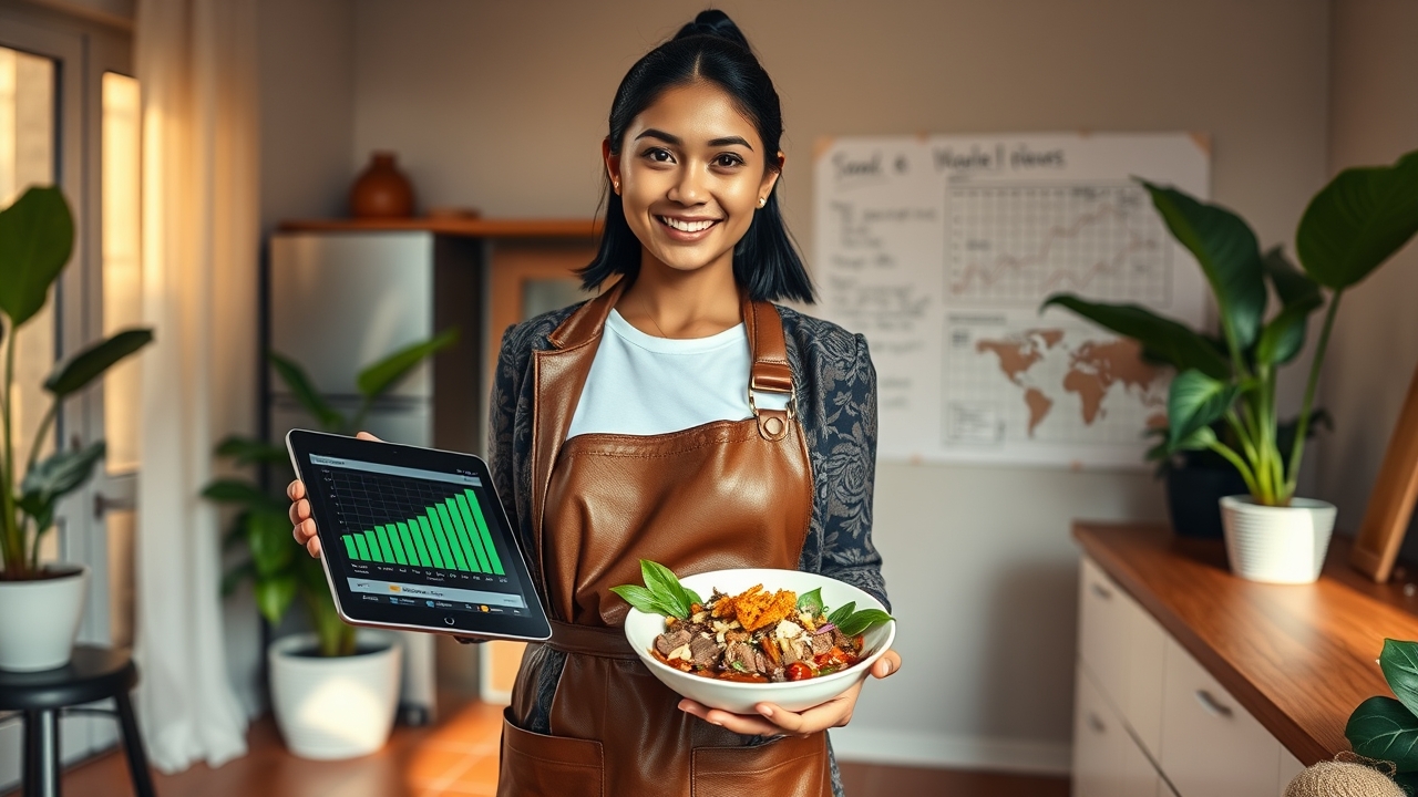 A confident, radiant Indonesian female culinary entrepreneur in her early 30s, with sleek shoulder-length black hair tied in a practical low ponytail and warm-toned skin, wearing a crisp, modernized batik-print blazer over a simple white t-shirt and a minimalist leather apron, standing in a bright, aesthetically designed modern Jakarta studio kitchen featuring terracotta floor tiles, warm teak wood countertops, and lush tropical monstera plants. She holds a sleek tablet in her left hand displaying glowing green upward-trending marketing analytics charts and social media engagement metrics, while her right hand gracefully presents a single, stunning signature dish—a vibrant beef rendang bowl with crispy fried shallots and fresh kemangi basil—suspended elegantly between the digital strategy and the real culinary product. Behind her, a mood board on the wall shows sketched social media content calendars, influencer collaboration notes, and a hand-drawn map of local delivery routes, softly blurred in the background. Cinematic golden-hour window lighting streaming from the upper left, diffused through sheer white curtains, mixing with warm ambient pendant lights hanging above the counter, creating deep, inviting chiaroscuro with soft highlights on the food's steam and the tablet's screen glow, 3200K warm key with subtle 5600K fill. Shot on an 85mm prime lens at f/2.8, shallow depth of field with the subject's face and the rendang bowl in razor-sharp focus, creamy bokeh isolating the background elements. Subject positioned on the right third of the frame, facing left, with the tablet and food creating a dynamic diagonal leading line from the bottom-left to her focused eyes, creating a balanced tension between digital intelligence and culinary heritage. Rich, appetizing color palette dominated by warm earthy terracotta, deep amber gold from the rendang, and professional teal accents from the tablet case and batik patterns, with desaturated cool blues in the shadows to enha