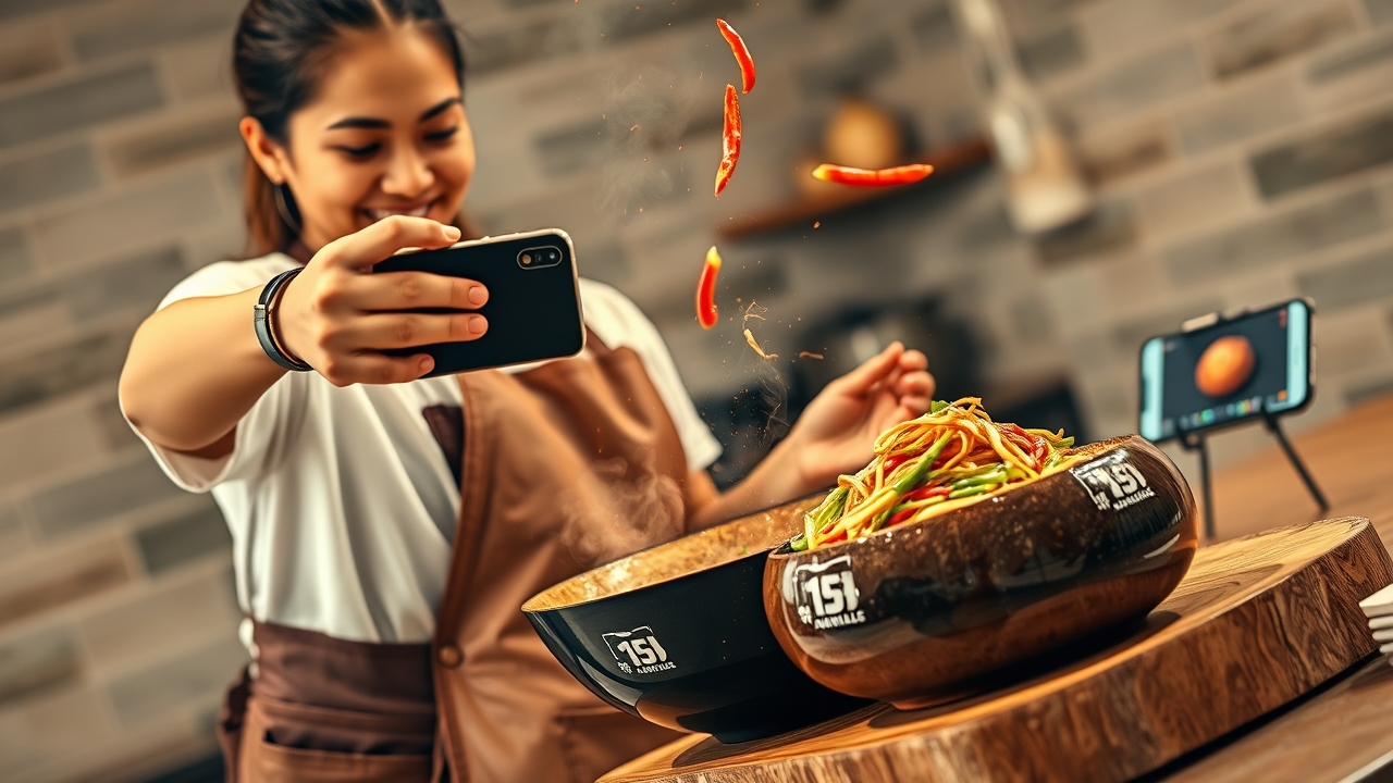 A vibrant, stylish Indonesian female culinary content creator in her mid-to-late 20s, with a fresh, relatable face and a cheerful, concentrated expression, wearing a trendy oversized vintage band t-shirt layered over a simple white tee, paired with a clean, high-quality brown leather apron. She is actively filming a cooking Reel using a modern smartphone mounted on a compact handheld gimbal stabilizer, extending the phone directly over a large, sizzling cast-iron wok that erupts with dramatic, glowing orange sparks, aromatic steam, and flying chili slices frozen in mid-air motion—capturing the exact "money shot" of the cooking process for her followers. In her other hand, she gracefully sprinkles fresh green scallions and spices into the wok. A glossy, perfectly plated final version of the exact same dish sits beautifully on a rustic wooden board to her immediate right, ready for the "reveal" shot. Behind her, slightly out of focus but strategically visible, a dedicated smartphone stand holds a second device displaying a live stream of a previous viral video with a flood of heart emojis, comments, and a screenshot of a glowing 5-star customer testimonial in Indonesian, emphasizing the "social proof" loop. The background is a bright, modern, minimalist kitchen studio with concrete walls, hanging copper pots, and open shelves stocked with spices, softly illuminated by warm sunset-colored LED strip lights (trending TikTok ambience) blending harmoniously with bright, crisp overhead food-prep lighting. Cinematic documentary lighting: dramatic, high-contrast side light from the kitchen window hitting the steam and smoke to create volumetric rays, combined with the cool-blue backlight of the smartphone screen rim-lighting her face, delivering a perfect balance between "culinary art" and "digital content creation." Shot on a 24-70mm zoom lens at 35mm, f/2.8, with a fast shutter speed capturing the micro-details of the flying spices and steam textures, while keeping the subj