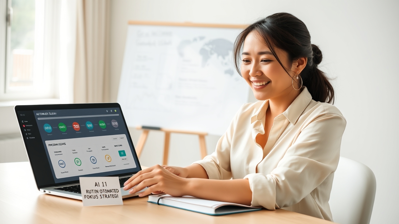 A calm, focused Indonesian small business owner in her early 30s, with a relaxed, relieved smile and a modern, practical appearance—wearing a comfortable but professional cream blouse with rolled-up sleeves, her hair neatly tied back—sitting at a clean wooden desk in a bright, sunlit home office. Her right hand is gently placed on a laptop, showing an AI dashboard with green "AUTOMASI SELESAI" (Automation Complete) badges, while her left hand rests on a notebook with handwritten notes about "PENGEMBANGAN USAHA" (Business Development)—visually representing the freedom AI gives her to focus on growth rather than routine tasks. On the laptop screen, visible automation indicators appear: a "SOCIAL MEDIA POSTED" confirmation, an "EMAIL SENT" notification, and an "INVENTORY UPDATED" alert, all with green checkmarks. A small sticky note on the laptop reads "RUTIN OTOMATIS, FOKUS STRATEGI" (Routine Automated, Focus on Strategy). Behind her, a large whiteboard shows her business expansion plans—new market areas, product development ideas, and partnership opportunities, with the words "STRATEGI 2026" prominently written. A smartphone beside the laptop displays a WhatsApp Business chat with the simple message "Semua otomatis, sekarang saya bisa fokus ekspansi!" (Everything's automated, now I can focus on expansion!). The background reveals a warm, organized workspace with natural light streaming through a window, a small plant, and a subtle Indonesian flag motif. Cinematic, warm editorial lighting: soft, diffused natural window light from the left, creating a calm, productive atmosphere with a gentle golden warmth that signals "freedom and growth." Shot on a 50mm prime lens at f/2.8, shallow depth of field keeping the entrepreneur's relaxed face, the laptop screen with automation confirmations, and the strategic whiteboard in sharp focus, while the background melts into a beautiful bokeh. Warm, inviting color palette dominated by soft creams, warm wood tones, and gentle greens