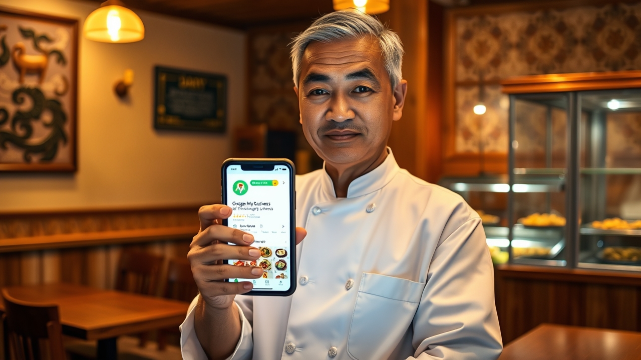 A warm, focused Indonesian restaurant owner in his late 40s, with short graying hair, kind eyes, and a clean, starched white chef's coat with a small embroidered logo, standing confidently at the wooden service counter of his cozy, tastefully decorated Padang-style eatery. He holds a bright, glowing smartphone in both hands, tilted toward the camera, the screen clearly displaying a fully completed, highly optimized Google My Business (Google Maps) profile—featuring the complete business address, precise operating hours, visible phone number, and a crisp grid of signature menu food photos, all prominently anchored by a shiny green "Verified" badge and a glowing set of five golden stars. The background reveals his actual physical restaurant—warm teak wood tables, traditional Minangkabau decorative motifs on the wall, and a glass display case filled with steam rising from fresh side dishes—deliberately softly blurred to ensure the smartphone screen remains the undisputed focal point. Dramatic, realistic dual lighting: cool, crisp blue-white light from the smartphone screen casting a sharp edge rim-light on his hands and face (signaling "digital modernity"), beautifully mingling with rich, appetizing golden amber ambient light from traditional pendant lamps hanging above the counter (signaling "culinary authenticity"), creating a sophisticated high-contrast editorial aesthetic. Shot on a 50mm prime lens at f/4.0, medium depth of field keeping the phone screen, the "Verified" badge, and the five-star ratings tack-sharp, while softening the background enough to establish context without distraction. Dynamic diagonal composition with the smartphone placed precisely on the lower-left third, his hands framing it elegantly, leading the viewer's gaze directly upward to his satisfied, trustworthy smile. Warm, appetizing color palette dominated by amber, deep mahogany, and rich teak, contrasted sharply with the cool, authoritative tech-blue of the Google Maps interface. Editoria