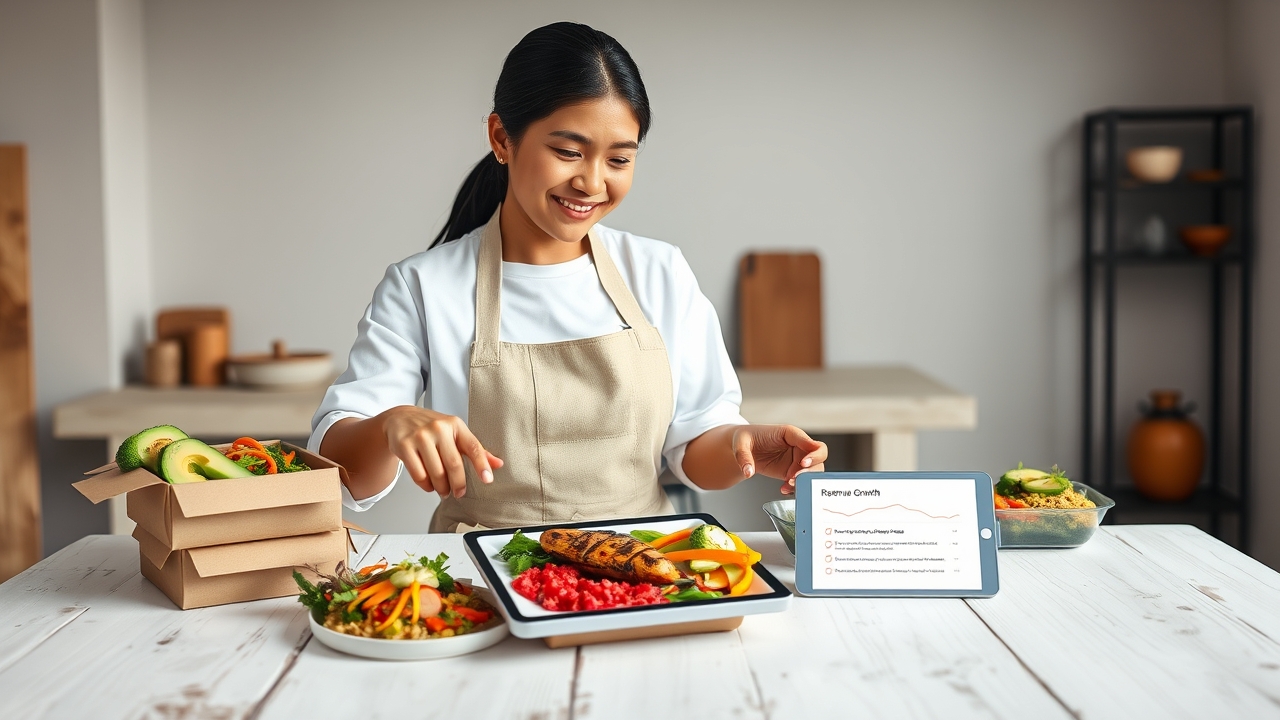 A radiant, focused Indonesian female culinary entrepreneur in her mid-30s, with glowing skin, sleek dark hair pulled back in a crisp, professional low ponytail, and a warm, trustworthy smile, wearing a pristine white chef's coat styled with a modern, minimalist beige linen apron over a simple white tee. She stands with composed confidence behind a large, rustic white-washed wooden table in a bright, airy, modern Jakarta studio kitchen, meticulously arranging a vibrant, colorful array of healthy meal-prep containers (eco-friendly kraft brown boxes with clear lids) and stunningly plated signature dishes—featuring perfectly grilled lemongrass chicken breast, a generous scoop of red rice infused with bay leaves, a vibrant rainbow of steamed broccoli, carrots, and yellow bell peppers, topped with a delicate drizzle of creamy avocado dressing and fresh microgreens. Her right hand gracefully points to a sleek, glowing tablet lying on the table, which clearly displays a promising "Revenue Growth" graph and a clean, professional business plan checklist, symbolizing the "strategi jitu" (winning strategy). In the foreground, the table is tastefully strewn with fresh, organic raw ingredients—heirloom tomatoes, crisp romaine lettuce, whole grain bread, and a rustic basket of free-range eggs—establishing immediate "freshness" and "health" credentials. The background is a sun-drenched, minimalist industrial-chic kitchen with white subway tiles, open wooden shelves showcasing glass jars filled with quinoa, chia seeds, and spices, and soft morning sunlight pouring through large factory-style windows, creating a holographic, clean glow. Cinematic, high-key editorial lighting: bright, diffused natural window light as the primary key from the left, softly reflecting off the white surfaces to eliminate harsh shadows, combined with a subtle, warm golden fill light from the right to add a premium, aspirational warmth, ensuring the food textures look incredibly appetizing and the packaging