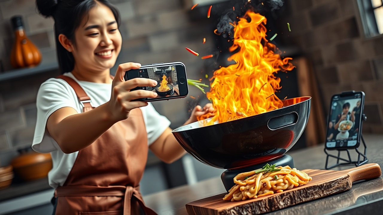 A vibrant, stylish Indonesian female culinary content creator in her mid-to-late 20s, with a fresh, relatable face and a cheerful, concentrated expression, wearing a trendy oversized vintage band t-shirt layered over a simple white tee, paired with a clean, high-quality brown leather apron. She is actively filming a cooking Reel using a modern smartphone mounted on a compact handheld gimbal stabilizer, extending the phone directly over a large, sizzling cast-iron wok that erupts with dramatic, glowing orange sparks, aromatic steam, and flying chili slices frozen in mid-air motion—capturing the exact "money shot" of the cooking process for her followers. In her other hand, she gracefully sprinkles fresh green scallions and spices into the wok. A glossy, perfectly plated final version of the exact same dish sits beautifully on a rustic wooden board to her immediate right, ready for the "reveal" shot. Behind her, slightly out of focus but strategically visible, a dedicated smartphone stand holds a second device displaying a live stream of a previous viral video with a flood of heart emojis, comments, and a screenshot of a glowing 5-star customer testimonial in Indonesian, emphasizing the "social proof" loop. The background is a bright, modern, minimalist kitchen studio with concrete walls, hanging copper pots, and open shelves stocked with spices, softly illuminated by warm sunset-colored LED strip lights (trending TikTok ambience) blending harmoniously with bright, crisp overhead food-prep lighting. Cinematic documentary lighting: dramatic, high-contrast side light from the kitchen window hitting the steam and smoke to create volumetric rays, combined with the cool-blue backlight of the smartphone screen rim-lighting her face, delivering a perfect balance between "culinary art" and "digital content creation." Shot on a 24-70mm zoom lens at 35mm, f/2.8, with a fast shutter speed capturing the micro-details of the flying spices and steam textures, while keeping the subj